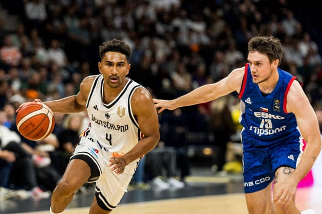 HAMBURG, GERMANY - AUGUST 21: Maodo Lo (Germany, 4) controls the ball against Frantisek Rylich (Czechia, 73) during a Turkish Airlines Basketball Supercup match between Germany vs. Czechia at Barclays Arena on August 21, 2026 in Hamburg, Germany. Hamburg Germany Copyright: xSteffiexWunderlx