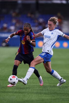 August 21, 2026, Sant Joan Despi, Barcelona, SPAIN: Vicky Lopez of FC Barcelona, Barca and Maisie Symons of Brighton & Hove Albion in action during the Joan Gamper Trophy, football match played between FC Barcelona and Brighton & Hove Albion FC at Johan Cruyff Stadium on August 21, 2026 in Sant Joan Despi, Barcelona, Spain. FC Barcelona V Brighton & Hove Albion FC - Joan Gamper Trophy  - ZUMAa181 20260821_zaa_a181_144 Copyright: xJavierxBorregox