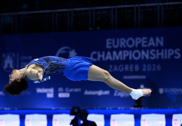 37th European Championships and 15th European Junior Championships in Men s Artistic Gymnastics - Day 3 Arsenii Dukhno of World Gymnastics 2 competes on the Floor exercise during Senior Men™s Individual Apparatus Finals, Part 1 on day 3 of the 2026 Men s Artistic Gymnastics European Championships at Arena Zagreb on August 21, 2026 in Zagreb, Croatia.  MarkoxLukunic PIXSELL