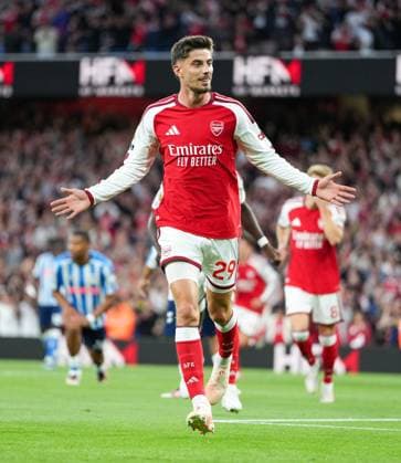 Kai Havertz celebrates scoring the opening Arsenal goal Arsenal v Coventry City, Premier League, Football, Emirates Stadium, London, UK - 21 Aug 2026London Emirates Stadium United Kingdom EDITORIAL USE ONLY No use with unauthorised audio, video, data, fixture lists, club league logos or live services. Online in-match use limited to 120 images, no video emulation. No use in betting, games or single club league player publications.  Copyright: xWiredxPhotos Shutterstockx 17111592w