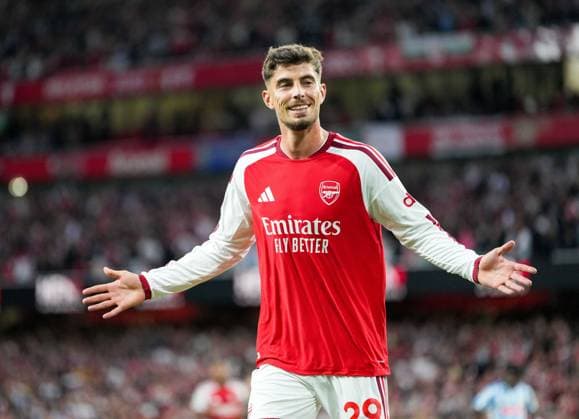 Kai Havertz celebrates scoring the opening Arsenal goal Arsenal v Coventry City, Premier League, Football, Emirates Stadium, London, UK - 21 Aug 2026London Emirates Stadium United Kingdom EDITORIAL USE ONLY No use with unauthorised audio, video, data, fixture lists, club league logos or live services. Online in-match use limited to 120 images, no video emulation. No use in betting, games or single club league player publications.  Copyright: xWiredxPhotos Shutterstockx 17111592x