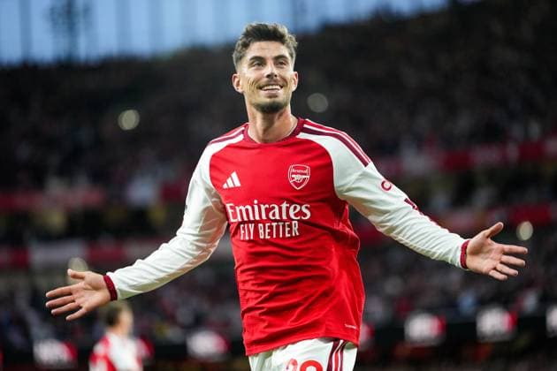 Sport Bilder des Tages Kai Havertz celebrates scoring the opening Arsenal goal Arsenal v Coventry City, Premier League, Football, Emirates Stadium, London, UK - 21 Aug 2026London Emirates Stadium United Kingdom EDITORIAL USE ONLY No use with unauthorised audio, video, data, fixture lists, club league logos or live services. Online in-match use limited to 120 images, no video emulation. No use in betting, games or single club league player publications.  Copyright: xWiredxPhotos Shutterstockx 17111592y