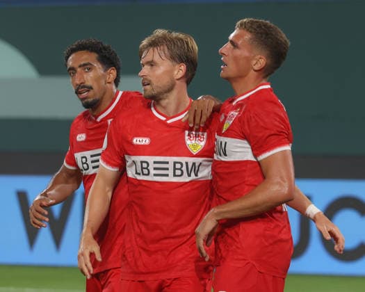21.08.2026, xtgx, Fussball DFB-Pokal 1. Runde, FC Hansa Rostock - VfB Stuttgart, v.l. Tiago Tomas (Stuttgart, 8) Jubel, Torjubel, jubelt ueber das Tor, celebrate the goal, celebration (DFL DFB REGULATIONS PROHIBIT ANY USE OF PHOTOGRAPHS as IMAGE SEQUENCES and or QUASI-VIDEO) Rostock *** August 21, 2026, xtgx, Soccer DFB Cup 1st Round, FC Hansa Rostock vs. VfB Stuttgart, from left: Tiago, Tomas (Stuttgart), 8 celebrations, Goal celebration, celebrating the goal, DFL DFB REGULATIONS PROHIBIT ANY USE OF PHOTOGRAPHS as IMAGE SEQUENCES and or QUASI-VIDEO Rostock