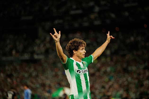 Rodrigo Riquelme seen celebrating after scoring goal during LaLiga EASPORTS 2026 2027 game between teams of Real Betis Balompie and Real Sociedad (Maciej Rogowski Ball Raw Images) Sevilla Estadio Benito Villamarin Spain Copyright: xMaciejxRogowskix maciejrogowski_betis_sociedad_2627-34