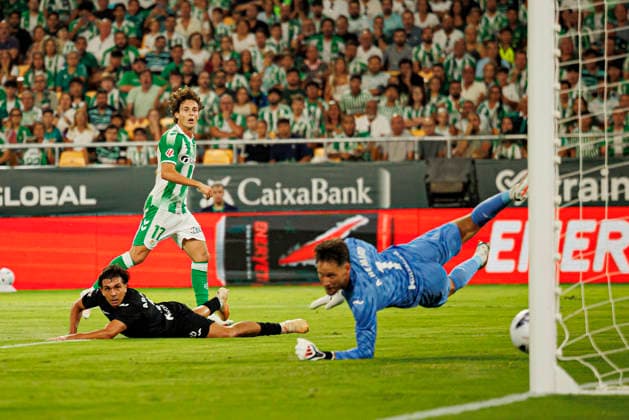 Rodrigo Riquelme seen celebrating after scoring goal during LaLiga EASPORTS 2026 2027 game between teams of Real Betis Balompie and Real Sociedad (Maciej Rogowski Ball Raw Images) Sevilla Estadio Benito Villamarin Spain Copyright: xMaciejxRogowskix maciejrogowski_betis_sociedad_2627-20