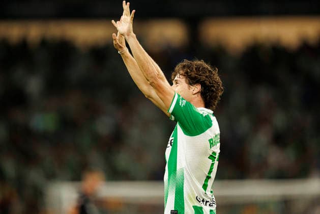 Rodrigo Riquelme seen celebrating after scoring goal during LaLiga EASPORTS 2026 2027 game between teams of Real Betis Balompie and Real Sociedad (Maciej Rogowski Ball Raw Images) Sevilla Estadio Benito Villamarin Spain Copyright: xMaciejxRogowskix maciejrogowski_betis_sociedad_2627-7