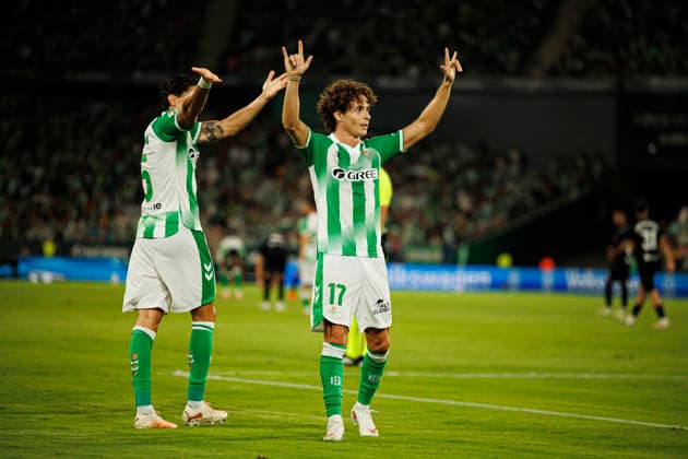 Rodrigo Riquelme seen celebrating after scoring goal during LaLiga EASPORTS 2026 2027 game between teams of Real Betis Balompie and Real Sociedad (Maciej Rogowski Ball Raw Images) Sevilla Estadio Benito Villamarin Spain Copyright: xMaciejxRogowskix maciejrogowski_betis_sociedad_2627-48
