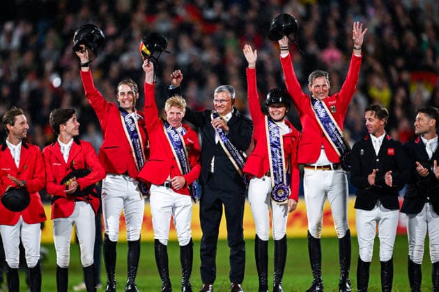 260821 Richard Vogel, Marcus Ehning, Sophie Hinners and Daniel Deusser of Germany celebrate after the team jumping final during day 11 of the 2026 FEI World Championships on August 21, 2026 in Aachen. Photo: Emma Wallskog BILDBYRAN kod EW EW0693 ridsport equestrian rid-vm 2026 2026 fei world championships bbeng ridsport-vm hoppning jumping lagfinal team final jubel *** August 21, 2026: Richard Vogel, Marcus Ehning, Sophie Hinners, and Daniel Deusser of Germany celebrate after the team jumping final on day 11 of the 2026 FEI World Championships on August 21, 2026 in Aachen. Photo by Emma Wallskog. BILDBYRAN code EW EW0693 equestrian sports 2026 World Championships 2026 FEI World Championships BBENG equestrian sports World Championships show jumping team final celebration  Copyright: EMMAxWALLSKOG BB260821EW054