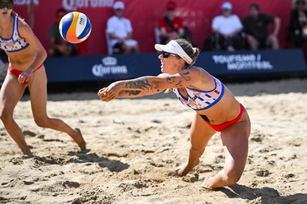 MONTREAL, QC - AUGUST 21: Marie-Alex Belanger (CAN) bumps the ball during a main draw match at Beach Pro Tour Montreal Elite 16 on August 21, 2026 at Parc Jean-Drapeau in Montreal, QC (Photo by David Kirouac Icon Sportswire) VOLLEYBALL: AUG 21 Beach Pro Tour Montreal Elite 16 EDITORIAL USE ONLY Icon26082103226