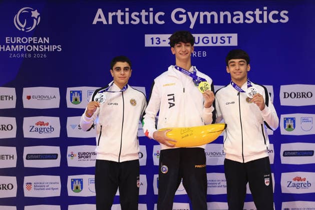 Zagreb, 21.08.2026. - 37TH EUROPEAN MEN™S ARTISTIC GYMNASTICS Men s Artistic Gymnastics Apparatus Final Pommel horse, Individual SENIORS. GOLD - ITA TARGHETTA Gabriele SILVER - ARM MANUKYAN Hamlet BRONZE - ARM KHACHATRYAN Mamikon Men s Artistic Gymnastics Apparatus Final , Pommel horse, Individual SENIORS.  2S6A1391.JPG
