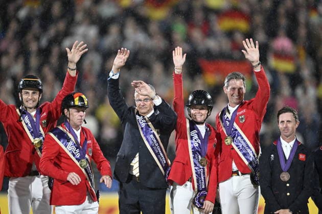 AACHEN, GERMANY 20260821 Germany celebrates after winning the team final in show jumping during the Equestrian World Championships in Aachen. *** The image is included in the SPORTS PACKAGE. For others PAID IMAGE ** AACHEN GERMANY x10050x *** AACHEN, GERMANY 20260821 Germany celebrates after winning the team final in show jumping during the World Equestrian Games in Aachen *** This image is included in the SPORTS PACKAGE. For other uses, PAID IMAGE ** AACHEN, GERMANY x10050x  Copyright: xPontusxLundahl TTx EQUESTRIAN WORLD CHAMPIONSHIP 2026