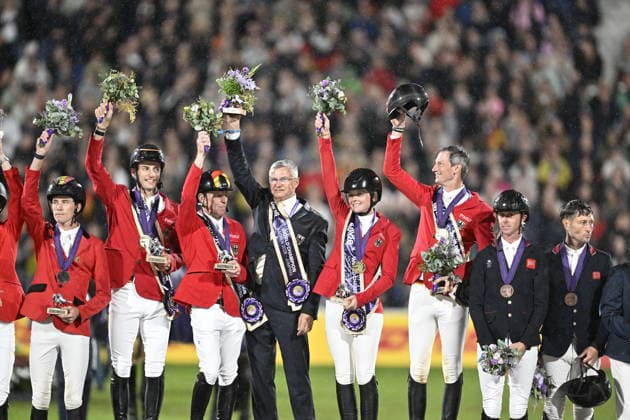 AACHEN, GERMANY 20260821 Germany celebrates after winning the team final in show jumping at the Equestrian World Championships in Aachen. Belgium took silver and Great Britain took bronze. *** The image is included in the SPORTS PACKAGE. For others PAID IMAGE ** AACHEN GERMANY x10050x *** AACHEN, GERMANY 20260821 Germany celebrates after winning the team final in show jumping at the Equestrian World Championships in Aachen. Belgium took silver and Great Britain took bronze *** The image is included in the SPORTS PACKAGE. For others: PAID IMAGE ** AACHEN, GERMANY x10050x  Copyright: xPontusxLundahl TTx EQUESTRIAN WORLD CHAMPIONSHIP 2026