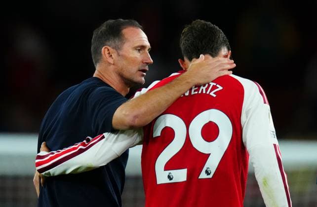 Coventry City Manager Frank Lampard and Kai Havertz of Arsenal at full time Arsenal v Coventry City, Premier League Football, Football, Emirates Stadium, London, UK - 21 Aug 2026London Emirates Stadium United Kingdom EDITORIAL USE ONLY No use with unauthorised audio, video, data, fixture lists, club league logos or live services. Online in-match use limited to 120 images, no video emulation. No use in betting, games or single club league player publications.  Copyright: xJavierxGarcia Shutterstockx 17111304ao