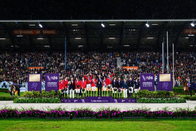260821 Team Belgium, team Germany and team Great Britain celebrate after the team jumping final during day 11 of the 2026 FEI World Championships on August 21, 2026 in Aachen. Photo: Emma Wallskog BILDBYRAN kod EW EW0693 ridsport equestrian rid-vm 2026 2026 fei world championships bbeng ridsport-vm hoppning jumping lagfinal team final jubel *** August 21, 2026: Team Belgium, Team Germany, and Team Great Britain celebrate after the team jumping final on Day 11 of the 2026 FEI World Championships, 2026 in Aachen. Photo by Emma Wallskog, BILDBYRAN, code EW EW0693. equestrian sports, 2026 World Championships, 2026 FEI World Championships, BBENG, equestrian World Championships, show jumping, team final, celebration  Copyright: EMMAxWALLSKOG BB260821EW058