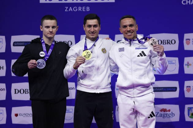 Zagreb, 21.08.2026. - 37TH EUROPEAN MEN™S ARTISTIC GYMNASTICS, Men s Artistic Gymnastics, Apparatus Final, Rings, SENIORS. 1. 500 AVETISYAN Artur (ARM) 2. 651 ZAIKA Ilia (WG2) 3. 583 PETROUNIAS Eleftherios (GRE) 37th European Men™s Artistic Gymnastics - Apparatus Final, Rings, SENIORS  20AG0845.JPG