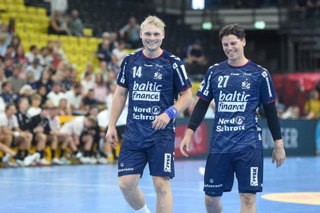 Handball I Herren I Saison 2026-2027 I Jacob Cement Cup I Vorbereitung I SG Flensburg-Handewitt - Lugi Lund I 21.08.2026 von links Emil Bergholt (14, SG Flensburg-Handewitt), Aksel Horgen (27, SG Flensburg-Handewitt) *** Handball I Men I 2026–2027 Season I Jacob Cement Cup I Preseason I SG Flensburg Handewitt vs. Lugi Lund I August 21, 2026; from left: Emil Bergholt (14), SG Flensburg Handewitt, Aksel Horgen (27), SG Flensburg Handewitt Copyright: xLobeca JanxKirschnerx