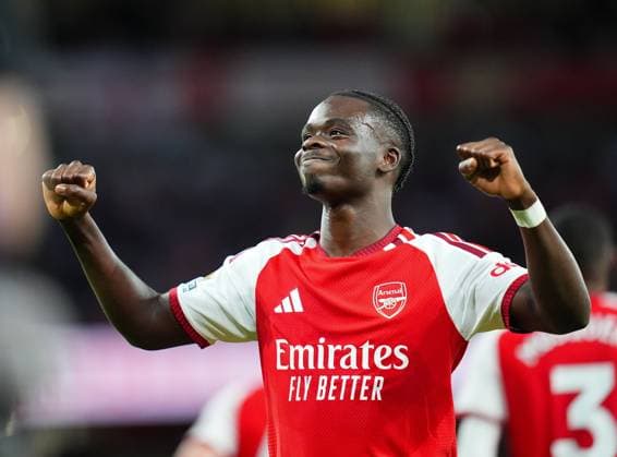 Bukayo Saka of Arsenal celebrates scoring the 2nd goal Arsenal v Coventry City, Premier League, Football, Emirates Stadium, London, UK - 21 Aug 2026London Emirates Stadium United Kingdom EDITORIAL USE ONLY No use with unauthorised audio, video, data, fixture lists, club league logos or live services. Online in-match use limited to 120 images, no video emulation. No use in betting, games or single club league player publications.  Copyright: xWiredxPhotos Shutterstockx 17111592cg