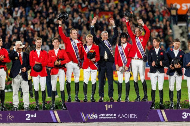 AACHEN - FEI World Championships 2026, AACHEN - FEI World Championships 2026 Team Germany EHNING Marcus (GER), HINNERS Sophie (GER), DEUSSER Daniel (GER), VOGEL Richard (GER), BECKER Otto (Bundestrainer) Medal ceremony Team Medaillenvergabe Team FEI Jumping World Championship, WM, Weltmeisterschaft Second Competition Team Final & Second Individual Qualifier Mercedes-Benz Prize Aachen, Reitstadion Soers 21. August 2026 - *** AACHEN FEI World Championships 2026, AACHEN FEI World Championships 2026 Team Germany: Marcus EHNING (GER), Sophie HINNERS (GER), Daniel DEUSSER (GER), Richard VOGEL (GER), BECKER Otto, National Coach; Medal Ceremony; Team; Medal Presentation; Team; FEI Jumping World Championship; Second Competition; Team Final; Second Individual Qualifier; Mercedes-Benz Prize; Aachen, Soers Equestrian Stadium; August 21, 2026
