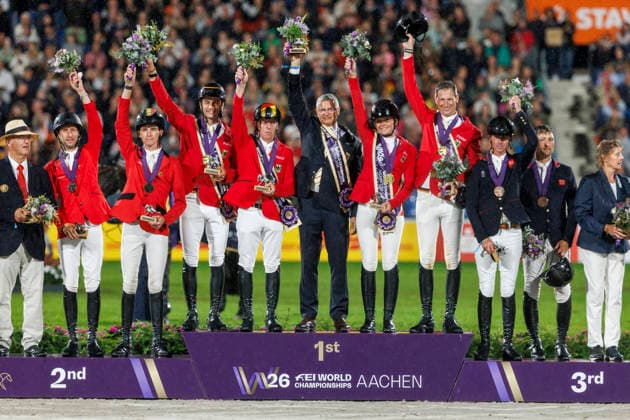 AACHEN - FEI World Championships 2026, AACHEN - FEI World Championships 2026 Team Germany EHNING Marcus (GER), HINNERS Sophie (GER), DEUSSER Daniel (GER), VOGEL Richard (GER), BECKER Otto (Bundestrainer) Medal ceremony Team Medaillenvergabe Team FEI Jumping World Championship, WM, Weltmeisterschaft Second Competition Team Final & Second Individual Qualifier Mercedes-Benz Prize Aachen, Reitstadion Soers 21. August 2026 - *** AACHEN FEI World Championships 2026, AACHEN FEI World Championships 2026 Team Germany: Marcus Ehnning (GER), Sophie Hinners (GER), Daniel Deusser (GER), Richard Vogel (GER), BECKER Otto, National Coach; Medal Ceremony, Team; Medal Presentation, Team; FEI Jumping World Championship; Second Competition; Team Final; Second Individual Qualifier; Mercedes-Benz Prize; Aachen, Reitstadion Soers; August 21, 2026