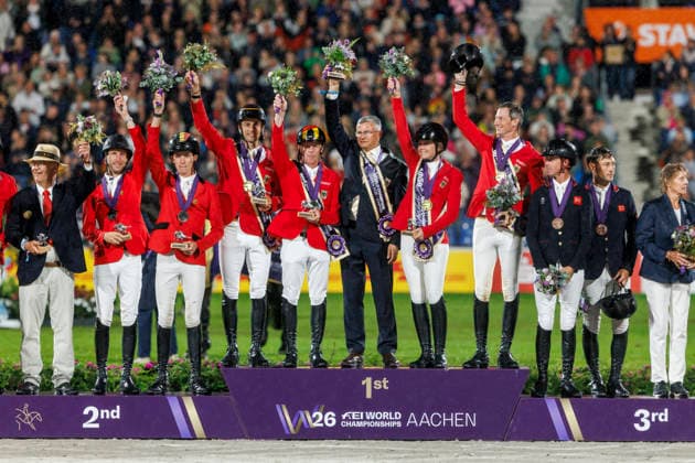 AACHEN - FEI World Championships 2026, AACHEN - FEI World Championships 2026 Team Germany EHNING Marcus (GER), HINNERS Sophie (GER), DEUSSER Daniel (GER), VOGEL Richard (GER), BECKER Otto (Bundestrainer) Medal ceremony Team Medaillenvergabe Team FEI Jumping World Championship, WM, Weltmeisterschaft Second Competition Team Final & Second Individual Qualifier Mercedes-Benz Prize Aachen, Reitstadion Soers 21. August 2026 - *** AACHEN FEI World Championships 2026, AACHEN FEI World Championships 2026 Team Germany: Marcus Ehnning (GER), Sophie Hinners (GER), Daniel Deusser (GER), Richard Vogel (GER), BECKER Otto, National Coach; Medal Ceremony, Team; Medal Presentation, Team; FEI Jumping World Championship; Second Competition; Team Final; Second Individual Qualifier; Mercedes-Benz Prize; Aachen, Reitstadion Soers; August 21, 2026