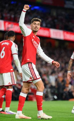 21 August 2026 - Arsenal v Coventry City - Premier League - Emirates Stadium - London. Arsenal v Coventry City - Premier League - Emirates Stadium - London. Kai Havertz celebrates scoring the opening goal for Arsenal. Picture : Mark Pain LONDON England  Copyright: xMarkxPainx