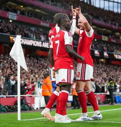 Kai Havertz celebrates scoring the opening Arsenal goal with Bukayo Saka and Declan Rice (right) Arsenal v Coventry City, Premier League, Football, Emirates Stadium, London, UK - 21 Aug 2026London Emirates Stadium United Kingdom EDITORIAL USE ONLY No use with unauthorised audio, video, data, fixture lists, club league logos or live services. Online in-match use limited to 120 images, no video emulation. No use in betting, games or single club league player publications.  Copyright: xWiredxPhotos Shutterstockx 17111592dv