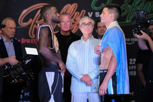 August 21, 2026, Las Vegas, Nevada, USA: YOENLI HERNANDEZ (L) and FRANCISCO VERON (R) face off during PBC boxing Ceremonial Weigh-in at the Presidio Ballroom at the Park MGM in Las Vegas. Yoenli Hernandez And Francisco Veron Ceremonial Weighin  - ZUMAo117 20260821_zsp_o117_011 Copyright: xMikaelxOnax