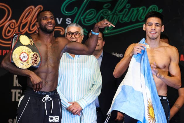 August 21, 2026: (L-R) Yoenli Hernandez holds a championship belt during the face-off with Francisco Daniel Veron during weigh-ins before the Romero vs Lopez event inside the Presidio Ballroom at Park MGM on August 21, 2026 in Las Vegas, NV. CSM. Boxing 2026: Romero Vs Lopez Weigh-In AUG 21  - ZUMAc04_ 20260821_zma_c04_033 Copyright: xChristopherxTrimx