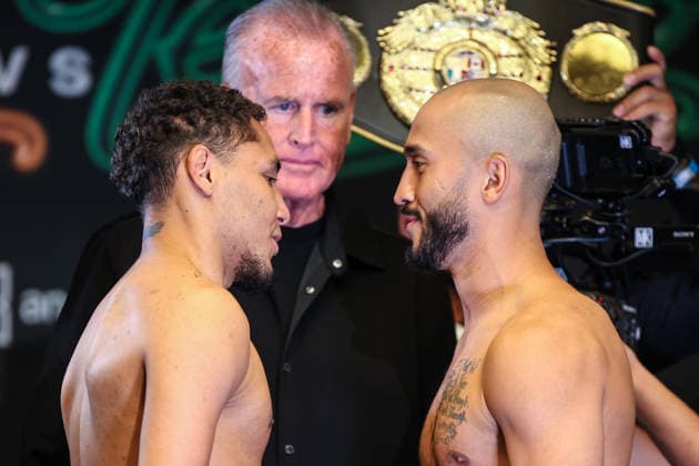 August 21, 2026: (L-R) Carlos Utria and Israel Mercado face-off during weigh-ins before the Romero vs Lopez event inside the Presidio Ballroom at Park MGM on August 21, 2026 in Las Vegas, NV. CSM. Boxing 2026: Romero Vs Lopez Weigh-In AUG 21  - ZUMAc04_ 20260821_zma_c04_044 Copyright: xChristopherxTrimx