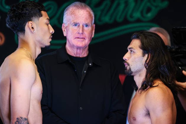 August 21, 2026: (L-R) Aldo Blancas and Ricky Mamone face-off during weigh-ins before the Romero vs Lopez event inside the Presidio Ballroom at Park MGM on August 21, 2026 in Las Vegas, NV. CSM. Las Vegas United States of America - ZUMAc04_ 20260821_zma_c04_060 Copyright: xChristopherxTrimx