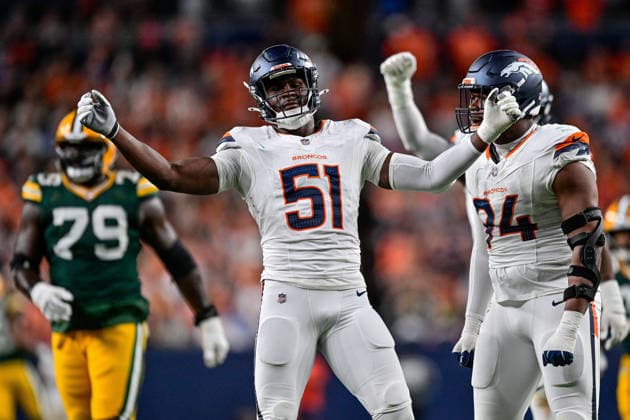DENVER, CO - AUGUST 21: Denver Broncos linebacker Que Robinson (51) celebrates after his sack in the second half during a preseason game between the Green Bay Packers and the Denver Broncos at Empower Field at Mile High on August 21, 2026 in Denver, Colorado. (Photo by Dustin Bradford Icon Sportswire) NFL, American Football Herren, USA AUG 21 Packers at Broncos EDITORIAL USE ONLY Icon132260821040