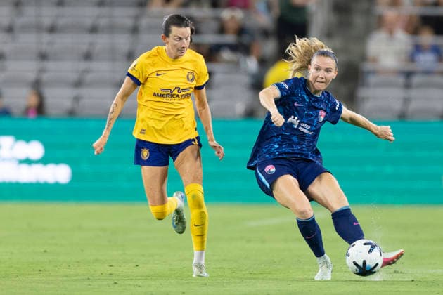 SAN DIEGO, CA - AUGUST 21: San Diego Wave FC defender Kristen McNabb (14) controls the ball against Utah Royals midfielder Cece Delzer (5) during a NWSL match between the Utah Royals and San Diego Wave FC on August 21, 2026 at Snapdragon Stadium in San Diego, CA. (Photo by Karl Anderson Icon Sportswire) SOCCER: AUG 21 NWSL SD Wave vs Royals EDITORIAL USE ONLY Icon272260821004