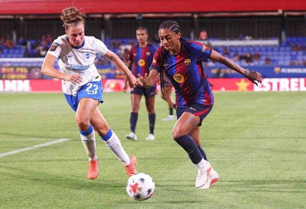 FC Barcelona, Barca Femeni v Brighton & Hove Albion Women - Joan Gamper Trophy Kerolin Nicoli and Marit Auee play during the match between FC Barcelona Femeni and Brighton and Hove Albion Women Football Club, corresponding to the fifth edition of the Joan Gamper Women Trophy, played at the Johan Cruyff Stadium in Barcelona, on August 21, 2026. Barcelona Barcelona Spain  Copyright: xUrbanandsportx originalFilename:urbanandsport-fcbarcel260821_npvH8.jpg