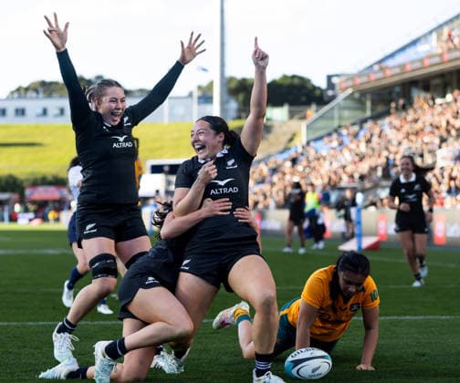 RUGBY WALLAROOS BLACK FERNS, Black Ferns Shyrah Tuliau-Tua™a celebrates after scoring a try during the Second Women s Test Match between the Australian Wallaroos and the New Zealand Black Ferns at Go Media Stadium in Auckland, Saturday, August 22, 2026. ( NO ARCHIVING, EDITORIAL USE ONLY, AUSTRALIA USE ONLY AUCKLAND NEW ZEALAND Go Media Stadium  Copyright: xBrettxPhibbsx 20260822153665693653