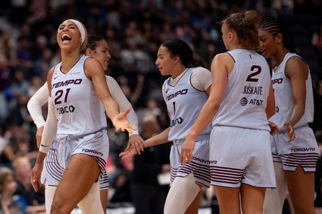 August 21, 2026, Vancouver, Bc, CANADA: Toronto Tempo s Isabelle Harrison (21) celebrates a basket against Portland Fire with her teammates during the second half of a WNBA, Basketball Damen, USA basketball game in Vancouver, on Friday, August 21, 2026. Canada News - August 21, 2026  - ZUMAc35_ 20260821_zaf_c35_212 Copyright: xEthanxCairnsx