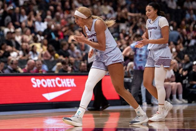 August 21, 2026, Vancouver, Bc, CANADA: Toronto Tempo s Isabelle Harrison (21) celebrates a basket against Portland Fire during the second half of a WNBA, Basketball Damen, USA basketball game in Vancouver, on Friday, August 21, 2026. Canada News - August 21, 2026  - ZUMAc35_ 20260821_zaf_c35_214 Copyright: xEthanxCairnsx