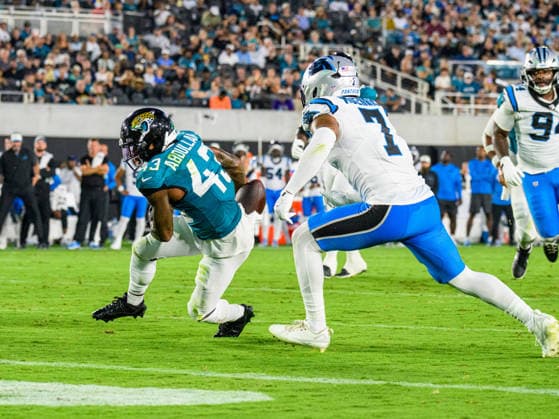 Aug 21, 2026; Jacksonville, Florida, USA; Jacksonville Jaguars running back Ameer Abdullah (43) is unable to catch the ball near the goal line during the first half of preseason game against the Carolina Panthers at Everbank Stadium. Mandatory Credit: -Cal Media NFL, American Football Herren, USA 2026: Panthers Vs Jaguars AUG 21  - ZUMAcg2_ 20221124_faf_cg2_049 Copyright: xRomeoxGuzmanx