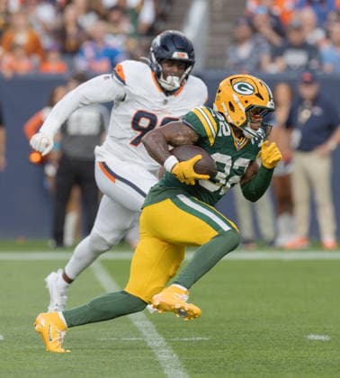 August 21, 2026, Denver, Colorado, USA: Packers RB MARSHAWN LLOYD runs for the end zone as he scores the Packers 1st. TD of the game during the 1st. Half at Empower Field at Mile High Friday evening. Packers beat the Broncos in Pre-Season 33-13. Credit Image: ZUMA Press Wire) Denver USA - ZUMAav4_ 20260821_zaf_av4_012 Copyright: xHectorxAcevedox
