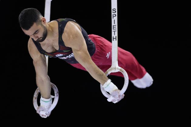 Artur Sahakyan, GER, during seniors rings final at 2026 Europeans in Zagreb; 21 08 2026; *** Artur Sahakyan, GER, during the senior rings final at the 2026 European Championships in Zagreb on August 21, 2026 