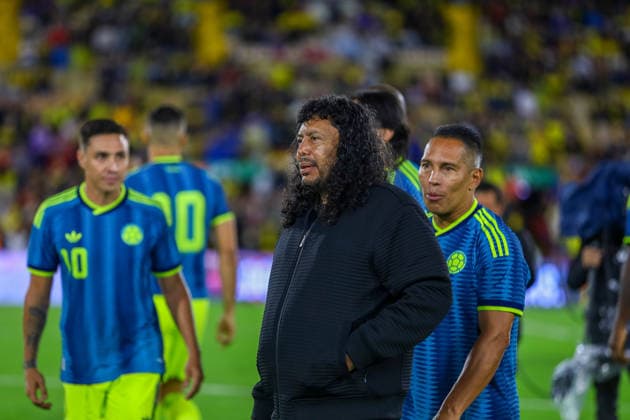 August 21, 2026, Bogota, Bogota D.C, Colombia: Colombian former goalkeeper Rene Higuita (C) takes part during a football match to raise funds for the victims of an 7.4 earthquake, at El Campin stadium in Bogota on August 21, 2026. Bogota Colombia - ZUMAvp1_ 0864602699st Copyright: xPaulaxCasallasx
