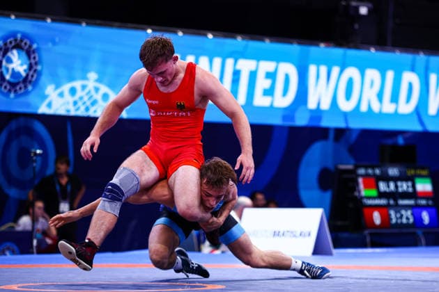 U20 World Championships 79kg FS - Tristan Aleksandrov (EST) df. Felix Schmitt (GER) *** U20 World Championships, 79 kg Freestyle: Tristan Aleksandrov (EST) defeated Felix Schmitt (GER) Copyright: xJakexKirkmanx
