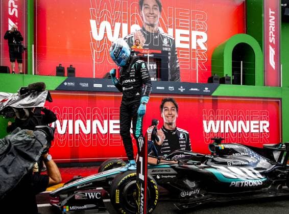 ZANDVOORT - George Russell (Mercedes) reacts after winning the sprint race ahead of the F1 Dutch Grand Prix at the Zandvoort Circuit. SEM VAN DER WAL ANP xVIxANPxSportx xxANPxIVx 565996127 originalFilename: 565996127.jpg