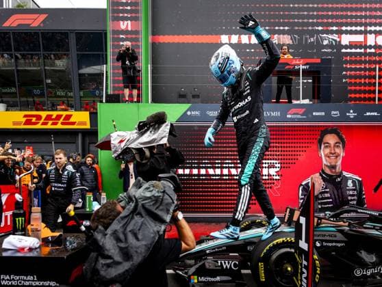 ZANDVOORT - George Russell (Mercedes) reacts after winning the sprint race ahead of the F1 Dutch Grand Prix at the Zandvoort Circuit. SEM VAN DER WAL ANP xVIxANPxSportx xxANPxIVx 565996130 originalFilename: 565996130.jpg