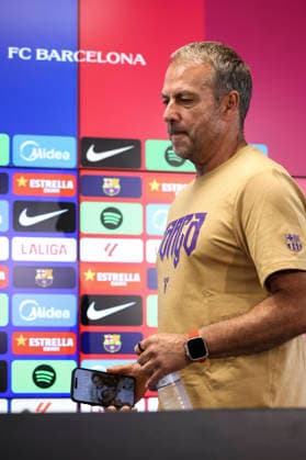 August 22, 2026, Sant Joan Despi, Barcelona, Spain: Hansi Flick, head coach of FC Barcelona, Barca attends his press conference, PK, Pressekonferenz during the training day of FC Barcelona ahead the Spanish League, LaLiga EA Sports, football match against Elche CF at Ciudad Esportiva Joan Gamper on August 22, 2026 in Sant Joan Despi, Barcelona, Spain. Sant Joan Despi Spain - ZUMAa181 20260822_zaa_a181_088 Copyright: xJavierxBorregox