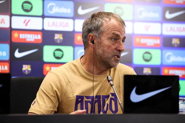 August 22, 2026, Sant Joan Despi, Barcelona, Spain: Hansi Flick, head coach of FC Barcelona, Barca attends his press conference, PK, Pressekonferenz during the training day of FC Barcelona ahead the Spanish League, LaLiga EA Sports, football match against Elche CF at Ciudad Esportiva Joan Gamper on August 22, 2026 in Sant Joan Despi, Barcelona, Spain. FC Barcelona Training And Press Conference - LaLiga EA Sports  - ZUMAa181 20260822_zaa_a181_094 Copyright: xJavierxBorregox