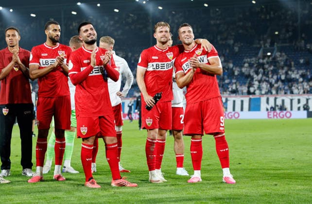21.08.26 FC Hansa Rostock - VfB Stuttgart Deutschland, Rostock, 21.08.2026, Fussball, DFB-Pokal, Saison 2026 2027, FC Hansa Rostock - VfB Stuttgart: v.l. Josha Vagnoman, Deniz Undav, Maximilian Mittelstädt, Ermedin Demirovic (alle VfB Stuttgart). *** August 21, 2026 FC Hansa Rostock vs. VfB Stuttgart Germany, Rostock, August 21, 2026, Soccer, DFB Cup, 2026–2027 season, FC Hansa Rostock vs. VfB Stuttgart: Josha Vagnoman, Deniz Undav, Maximilian Mittelstädt, Ermedin Demirovic (all VfB Stuttgart)