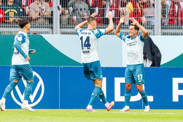 WIESBADEN, GERMANY - AUGUST 22: Patrik Schick (Bayer 04 Leverkusen, 14) celebrates scoring his team s first goal with teammates during the first-round match between SV Wehen Wiesbaden vs. Bayer 04 Leverkusen at Brita Arena of the German Cup on August 22, 2026 in Wiesbaden, Germany. DFL REGULATIONS PROHIBIT ANY USE OF PHOTOGRAPHS AS IMAGE SEQUENCES AND OR QUASI-VIDEO. Hessen Germany Copyright: xStephanxHahnex
