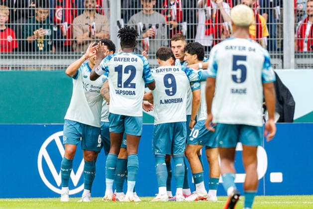 WIESBADEN, GERMANY - AUGUST 22: Patrik Schick (Bayer 04 Leverkusen, 14) celebrates scoring his team s first goal with teammates during the first-round match between SV Wehen Wiesbaden vs. Bayer 04 Leverkusen at Brita Arena of the German Cup on August 22, 2026 in Wiesbaden, Germany. DFL REGULATIONS PROHIBIT ANY USE OF PHOTOGRAPHS AS IMAGE SEQUENCES AND OR QUASI-VIDEO. Hessen Germany Copyright: xStephanxHahnex
