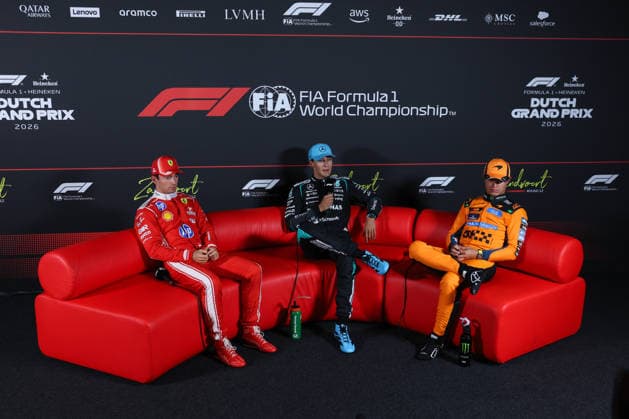 F1 - DUTCH GRAND PRIX 2026 press conference, PK, Pressekonferenz LECLERC Charles (mco), Scuderia Ferrari SF-26, NORRIS Lando (gbr), McLaren F1 Team MCL40, RUSSELL George (gbr), Mercedes AMG F1 Team W17, portrait during the Formula 1 Dutch Grand Prix 2026, 12th round of the 2026 Formula One World Championship, WM, Weltmeisterschaft from August 21 to 23, 2026 on the Circuit Zandvoort, in Zandvoort, Netherlands - ZandvoortNetherlands  Copyright: xANTONINxVINCENTx