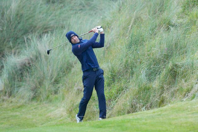 BALMEDIE, SCOTLAND - AUG 22: Marcel Siem (GER) plays from the rough on the first hole during Round 3 at the 2026 Nexo Championship at the Trump International Golf Links, Balmedie on August 22, 2026 in Aberdeenshire, Scotland The 2026 Nexo Championship